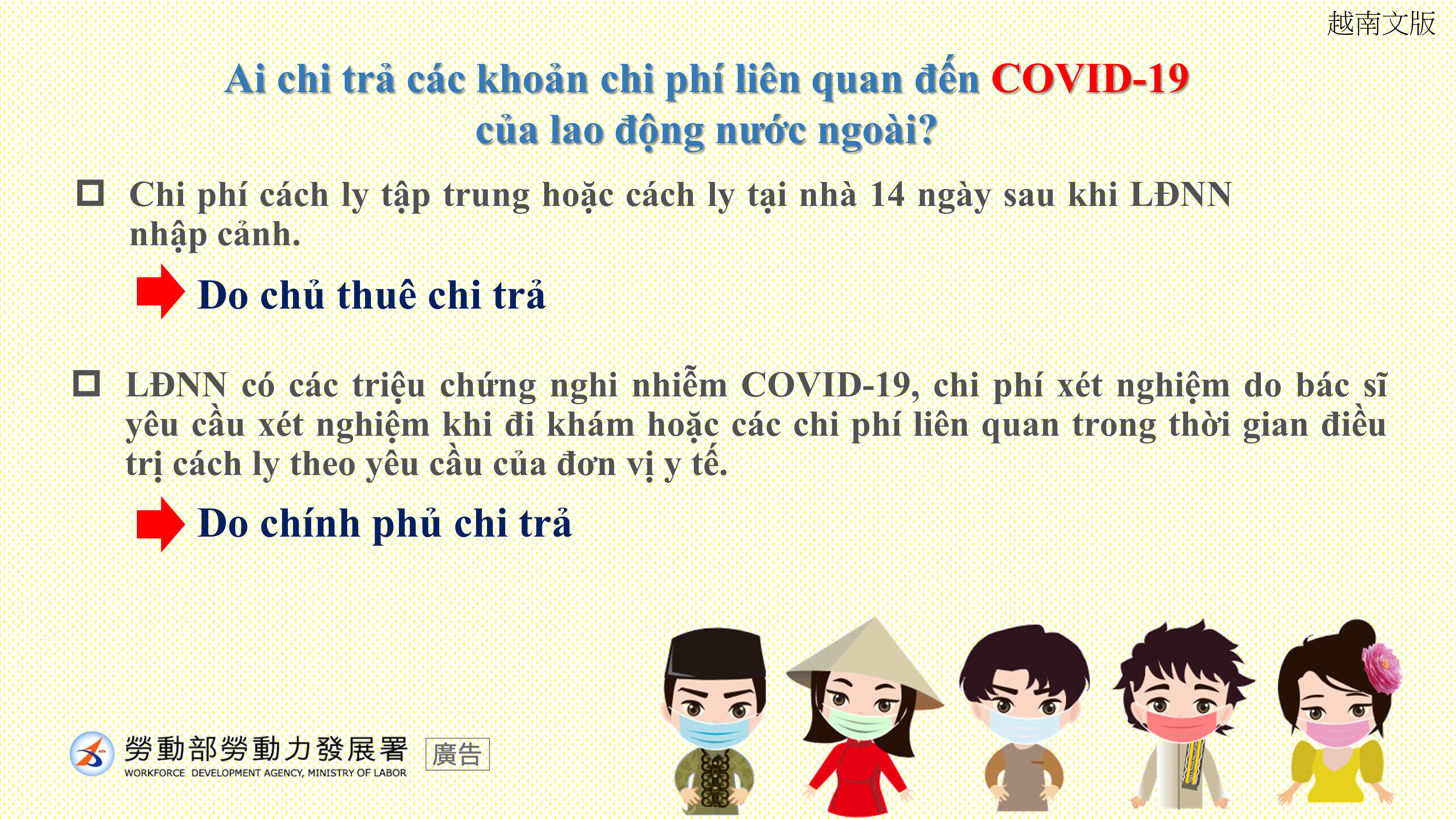 Ai sẽ chi trả các chi phí liên quan đến COVID-19 của lao động di trú. (Nguồn ảnh: Cục Lao động thành phố Đài Trung)